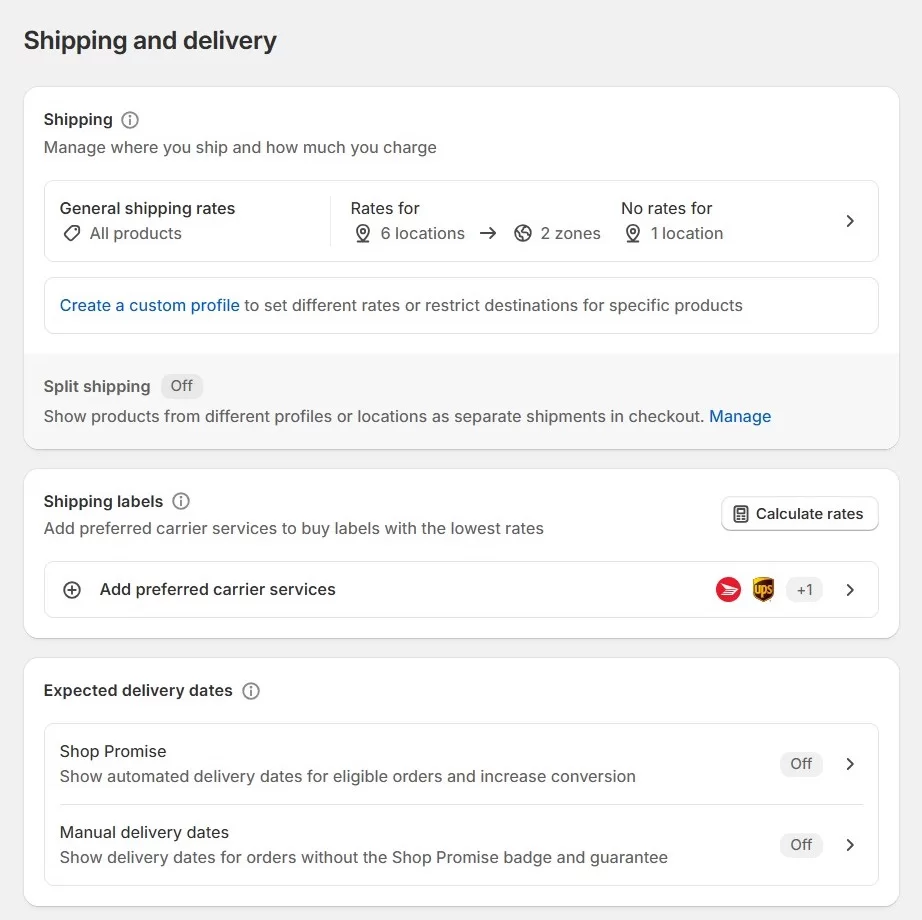 A screenshot of Shopify's Shipping and delivery settings interface